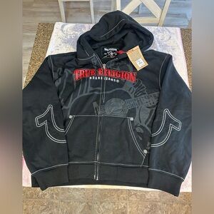 True Religion Jet Black Zip-Up Hoodie with Red Accents